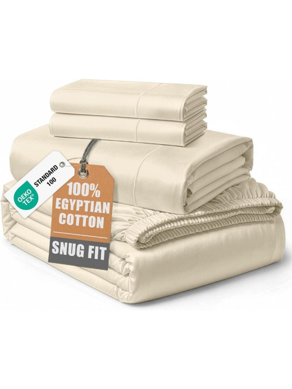 Cal King Ivory Sheets Set - 100% Egyptian Cotton Sateen, Soft & Luxurious